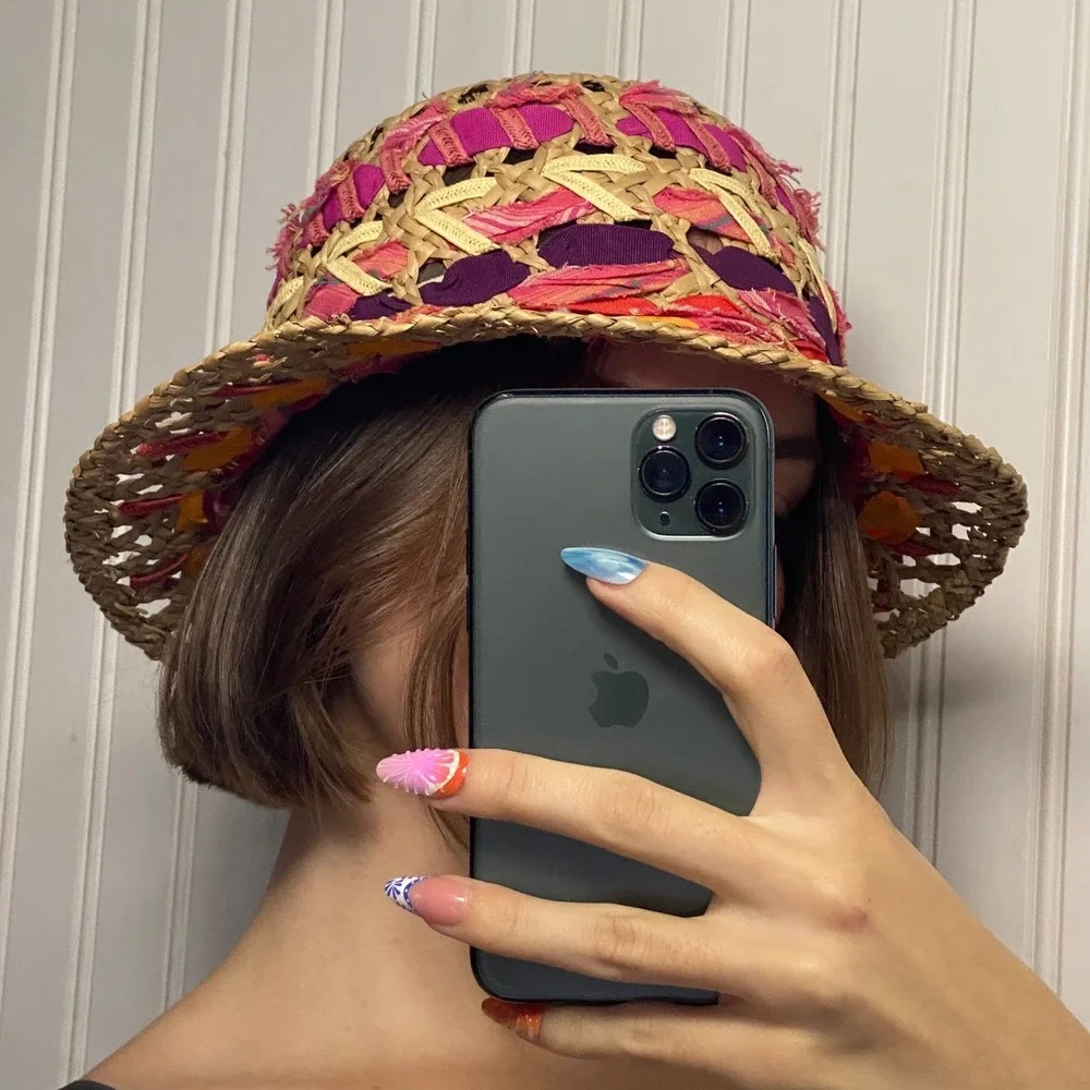 Vintage Boho Retro Multicolor Straw Bucket Hat Woven Made in Italy Shabby Chic